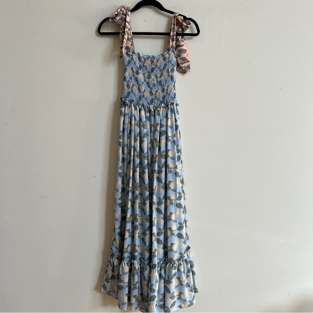 Palmacea Floral Smocked Bow Shoulder Maxi Dress Acacia Blue Yellow - Picture 2 of 7